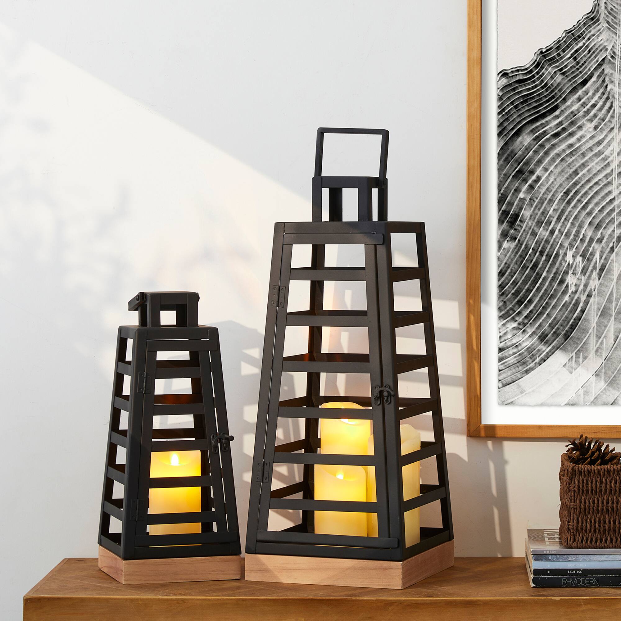 Glitzhome® Black Modern Trapezoid Metal & Wood Lanterns Set